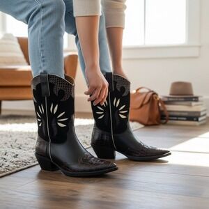Van Eli Women Black & Brown Leather & Suede Mid-Calf Cowgirl Western Boots US 5